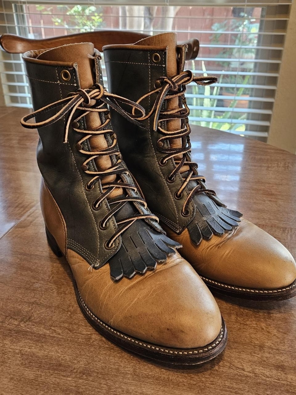Leather Two-Tone Lace-Up Boots in Brown and Black